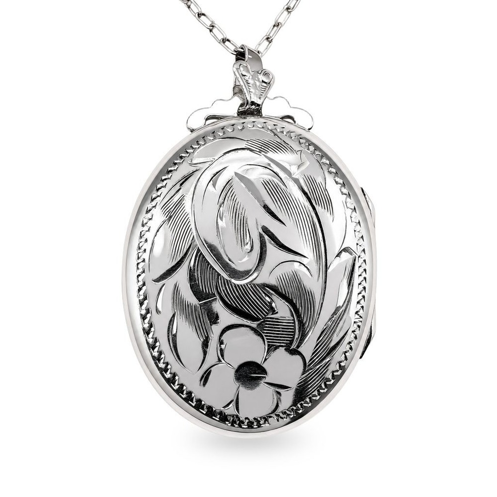 Vintage Ladye Fayre Sterling Silver Engraved Floral Oval Photo Locket Necklace